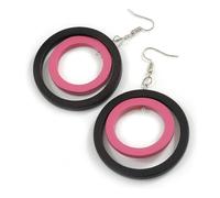50mm D/Black/Pink Double Circle Wood Hoop Earrings - 75mm Long