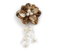 50mm D/Brown Shell with Freshwater Pearl Bead Tassel Asymmetric Flower Brooch/Slight Variation In Colour/Size/Shape/Natural Irregularities