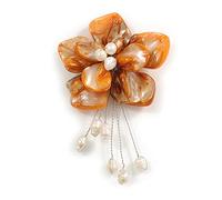 50mm D/Orange Shell with Freshwater Pearl Bead Tassel Asymmetric Flower Brooch/Slight Variation In Colour/Size/Shape/Natural Irregularities