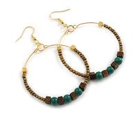 50mm Large Green Ceramic, Brown Wooden, Bronze Glass Bead Hoop Earrings in Gold Tone - 75mm Drop