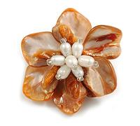 50mm/Orange Shell with Freshwater Pearl Bead Asymmetric Flower Brooch/Handmade/Slight Variation In Colour/Size/Shape/Natural Irregularities