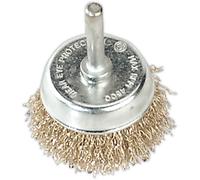 50mm Wire Cup Brush - Brassed Steel Filaments - 6mm Shaft - Up to 4500 rpm
