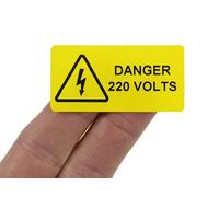 50mm x 25mm, Printed Black on Yellow, Electrical Warning Labels with Strong Permanent Adhesive. 500 per roll. (Danger 220 Volts)
