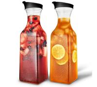 50oz Plastic Juice Carafe with Black Lids (2 Pack) 50 oz Carafes for Mimosa Bar, Drink Pitcher with Lid, Milk Container, Clear Beverage Containers for Fridge, Pantry Storage, Square Pitchers
