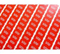 50p White on Red 17.8x10mm Price Promotional Display Stand Point of Sale Stickers Self-Adhesive Labels