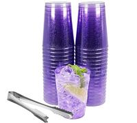 50pc 10oz Purple Glitter Plastic Cups and 1 Silver Ice Tong Set - Disposable Cocktail Glasses - Plastic Wine Cups - Purple Party Decorations - Purple Party Supplies