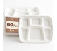 50pc 6 Compartment Deluxe Biodegradable Bagasse Plates Extra Strong Eco Friendly Compostable Plates Made From 100% Natural Sugarcane Fibre, Leak Resistant, Perfect For Hot And Cold Foods