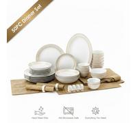 Waterside 50pc Gold Radiance Porcelain Dinner Set; 6 Dinner Plates, Side Plates, Soup Bowls, Deep Bowls, Snack Bowls, Napkin Rings, 1 Platter and 13pc Tablecloth Set