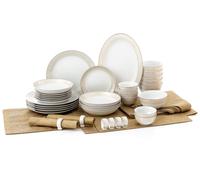 Waterside 50pc Gold Radiance Porcelain Dinner Set; 6 Dinner Plates, Side Plates, Soup Bowls, Deep Bowls, Snack Bowls, Napkin Rings, 1 Platter and 13pc Tablecloth Set