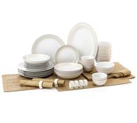 50pc Waterside Gold Radiance Porcelain Dinner Set; 6 Dinner Plates, Side Plates, Soup Bowls, Deep Bowls, Snack Bowls, Napkin Rings, 1 Platter and 13pc Tablecloth Set