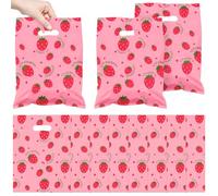50Pcs 10*14inch Large Sweet Red Strawberry Goody Candy Treat Snack Party Favors Plastic Pink Gifts Wrapping Bags with Handles For Fruit Berry Sweet Kids Girls 1st 2nd Birthday Fruit Party Wedding