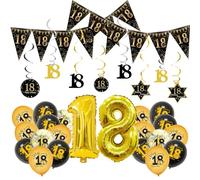 50PCS 18th Birthday Decorations for Boys Girls, Black Gold 18th Birthday Decorations, Balloons Bunting Confetti Balloons Hanging Swirls, Party Supplies for Celebrating Birthdays