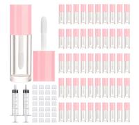 50pcs 2.5ml Empty Lip Gloss Containers Lip Gloss Tubes with Wand Cute 0.08oz Clear Refillable Lipgloss Making Supplies Kit for DIY Makeup + 2pcs Syringes (Pink)