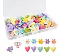 50Pcs 2 Style Flower and Heart Shaped Drawing Push Pins, Cute Decorative Thumb Tacks for Cork for Notice Boards and Maps & Crafts - with Storage Box, Perfect for School & Office Use (Colorful)