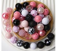50pcs 20mm Bubblegum Beads for Beadable Pens - Chunky Acrylic & Rhinestone Mix - Large Hole Spacer Beads for DIY Keychains, Jewelry Making, and Crafts (Assorted PinkCow Bulk)