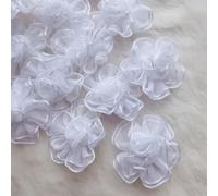 50pcs 30mm 2Tone Chiffon Organza Flowers Satin Ribbon Artificial Flowers Wedding Appliques DIY Sewing Craft Accessories Party Decoration Gift Embellishments (White)