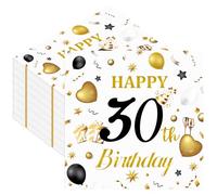 50pcs 30th Birthday Paper Napkins, White and Gold Happy Birthday Napkins Disposable Luncheon Cocktail Party Paper Beverage Napkin for Anniversary Birthday's Party Decorations, 13 x 13 Inches