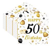 50pcs 50th Birthday Paper Napkins, White and Gold Happy Birthday Napkins Disposable Luncheon Cocktail Party Paper Beverage Napkin for Anniversary Birthday's Party Decorations, 13 x 13 Inches