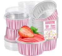 50pcs 5oz 125ml Muffin Liners Cups with Lids (Pink),50 Pack Baking Cups with Lids,5oz Aluminum Foil Cupcake Cups Muffin Liners, Standard Size