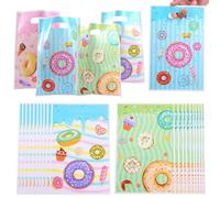 50pcs 6.5 x 9.8 inch Sweet Colourful Delicious Donut Ice Cream Lollipop With Handle Gift Wrapping Bag in 4 Designs, Candy Plastic Treat Goodie Party Favor Bags For Candy 1st 2nd Birthday Dessert Party