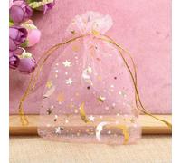 50pcs 7x9/9x12/10x15/13x18cm Star Moon Organza Gift Bags Mini Sachet Gold Color Drawstring Bag Jewelry Packaging Pouches