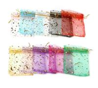 50pcs 7x9/9x12/10x15/13x18cm Star Moon Organza Gift Bags Mini Sachet Gold Color Drawstring Bag Jewelry Packaging Pouches
