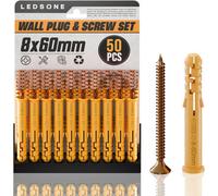 50Pcs 8X60mm Yellow Wall Plugs & Screws Heavy Duty Masonry Anchors For Brick, Concrete, Drywall