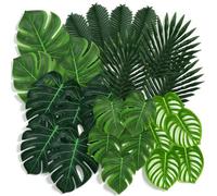 50Pcs Artificial Tropical Palm Leaves, Fake Monstera Leaves, Banana Leaf | 6 Size with Stems for Jungle Safari Hawaiian Luau Party Decorations, Wedding Birthday Theme Table Wall Decor