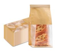 50Pcs Bakery Bags with Window, 28 x 13 x 10cm Kraft Paper Cookie Resealable Kraft Paper Bread Storage Tin Tie Tab Lock Bags for Packaging Coffee Bean Candy Bread