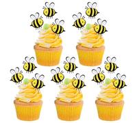 50Pcs Bee Cake Toppers Double Layer Bees Card Cake Toppers Bumble Cupcake Little Bees Decorations Bumble Figurine Cupcake Picks for Bee Theme Boys Girls Birthday Party Decoration Supplies