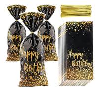 50pcs Black Gold Cellophane Treat Bags,Happy Birthday Gift Bags with Twist Ties for Girls Boys Men Women Birthday Party Favors Christmas Halloween Party Décor