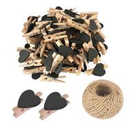 50Pcs Black Mini Wooden Heart Clothespins, Multicolor Small Clothespins with Heart, 3cm Heart Photo Clips, Tiny Clothes Pins with String for Photos Display,DIY Craft,Wedding&Baby Shower Decor