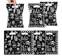 50Pcs Black White Plaid Skull Gift Bags, Double-Sided Design with "BAD 2 THE BONE" Text, Handled OPP Plastic Bags for Rock, Goth, Punk, Halloween Party Favors 18 x 25 cm