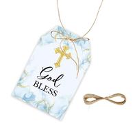 50pcs Blue Baptism Thank You Tags, God Blessed Gift Tag with String for First Communion Party, Gold Glitter Baptism Thank You Paper Tags for Christening/Mi Bautizo Party Favors