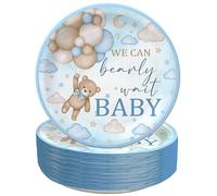 50PCS Blue Bear Baby Shower Plates, 7" We Can Bearly Wait Disposable Plates