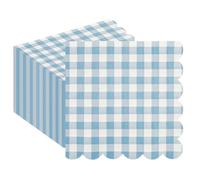 50PCS Blue Scalloped Gingham Paper Napkins - Light Blue and White Striped Luncheon Napkins, Checkered Dessert Napkins, Disposable Decorations Supplies for Birthday Baby Shower Wedding Party