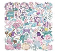 50pcs Cartoon Mermaid Ocean Stickers for Kids, Underwater World Painted Animal Stickers-Princess Vinyl Waterproof Stickers for Water Bottles, Kawaii Ocean Animals Decals, Girls Gift, Party Supplies