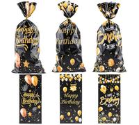50pcs Cellophane Treat Bags,Black Gold Ballon Pattern Happy Birthday Gift Bags with Twist Ties for Girls Boys Birthday Party Favors Clear Sweets Bags for Christmas Hall