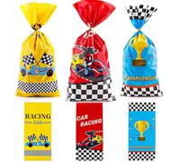 50pcs Cellophane Treat Bags,Racing Cars Bags with Twist Ties Décor Girls Boys Racing Cars Theme Birthday Party Favors, Clear Sweets for Birthday Christmas Halloween Party