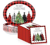 50Pcs Christmas Buffalo Plaid Tree Paper Oval Plates 11 Inch Red and Black Gingham Disposable Plates and Napkins Merry Christmas Dinnerware Xmas Dish Tray for Winter Xmas Holiday Party Decor Supplies