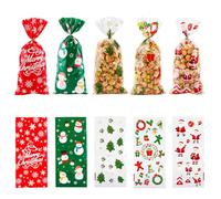 50pcs Christmas Cellophane Cone Treat Bags with 50 Twist Ties,Santa, Snowman, Tree Designs Christmas Goodie Bags for Holiday Treat Bags for Candy, Cookies, Party Favors for Gifts & Decor