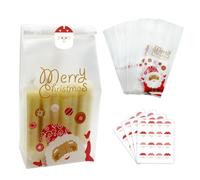 50Pcs Christmas Cookie Bags, Clear Cellophane Treat Bags with Santa Claus Stickers for Cake Candy Chocolate Snack Bakery Bread Cupcake Donuts Xmas Party Gift Wrapping Bag