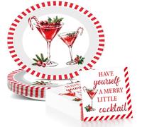 50Pcs Christmas Martini Cocktail Party Supplies Paper Oval Plates Napkins | Have Yourself a Merry Little Cocktail Napkins, Holly Berry Pine Red Striped Paper Plates, Disposable, for Xmas Holiday Church