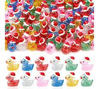 50PCS Christmas Mini Ducks, Luminous Glitter Ducks Mini Resin Duck Glow in Dark Christmas Hat Duck Ornament for Xmas DIY Craft Home Party Favors Decoration