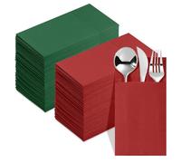 50Pcs Christmas Napkins, Red and Green Napkins with Built-in Flatware Pocket, Linen-Feel Paper Napkin for Wedding Home Luncheon Party Dining Supplies Xmas Party Decorations