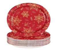 50Pcs Christmas Oval Paper Plates 10" x 12" Large Disposable Heavy Duty Red Gold Flower Poinsettia Paper Platters Xmas Poinsettia Themed Dessert Plates for Christmas Winter Holiday Party Supplies