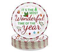 50Pcs Christmas Paper Plates 10 Inch Large Heavy Duty The Most Christmas Wonderful Time Platters Red Green Xmas Holly Berries Dessert Theme Plates for Xmas Baby Shower Holiday Birthday Party Supplies