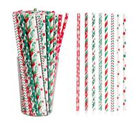 50Pcs Christmas Paper Straws, Biodegradable Christmas Straws Red Green Paper Drinking Straws for Christmas Decorations, Xmas Disposable Christmas Pattern Straws for Party Tableware Decor
