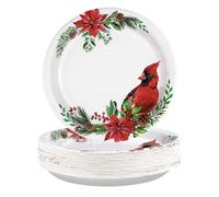 50Pcs Christmas Round Plates 10" Large Disposable 400 GSM Heavy Duty Red Cardinal Bird Paper Plates Poinsettia Floral Dessert Plates Merry Christmas Party Decorations for Festive Xmas Party Supplies