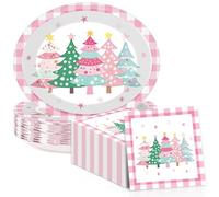 50Pcs Christmas Trees Oval Paper Plates 11inch Christmas Watercolor Plates and Napkins Pink Xmas Trees Disposable Dinnerware Tray Serve 25 for Winter Xmas Holiday Family Gatherings Party Supplies
